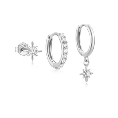 DELIA - 3 PIECES SET 925 STERLING SILVER ZIRCON GEOMETRIC HIGH-END EARRING - SILVER