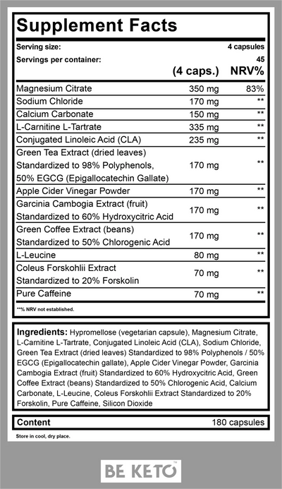 BE KETO KETO BURN + CAFFEINE 180 CAPSULES