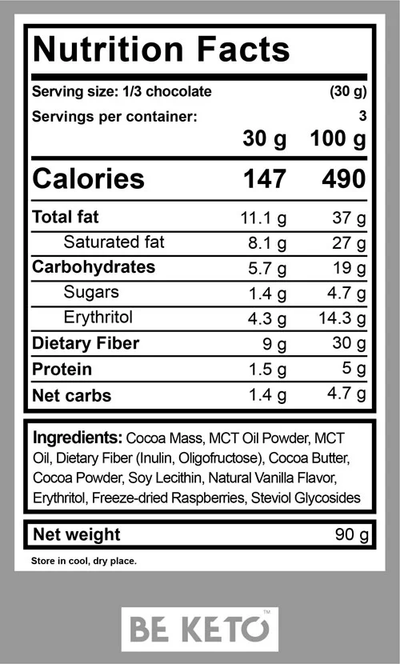 BEKETO KETO CHOCOLATE WITH RASPBERRIES & MCT 90GR