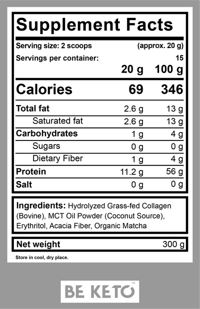 BE KETO COLLAGEN + MCT OIL – ORGANIC MATCHA 300G