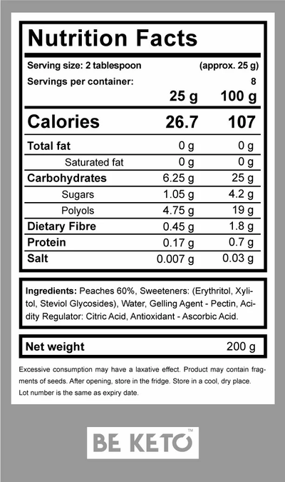 BE KETO KETO JAM JUICY PEACH 42KCAL WITH ERYTROL AND XYLITOL 200GR