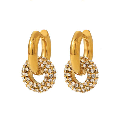 DELIA - RETRO CIRCLE POLISHING PLATING INLAY 304 STAINLESS STEEL ZIRCON 18K GOLD PLATED EARRINGS, 1 PAIR