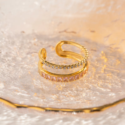 DELIA - IG STYLE MODERN CLASSIC GEOMETRIC 304 STAINLESS STEEL 18K GOLD PLATED CZECH DIAMOND ZIRCON OPEN RING - PINK