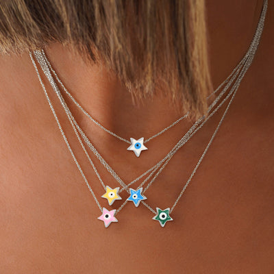 DELIA - 201 STAINLESS STEEL COPPER INLAY STAR EYE  PENDANT NECKLACE - SILVER CHAIN