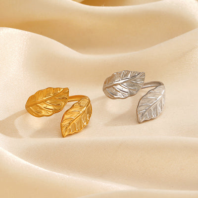 DELIA - IG STYLE CLASSIC LEAVES 304 STAINLESS STEEL 18K GOLD PLATED OPEN RING - GOLD