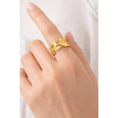 DELIA - ROCK OVERSIZED LEAVES EYE FLOWER 304 STAINLESS STEEL GEM 18K GOLD PLATED INLAY OPEN RING
