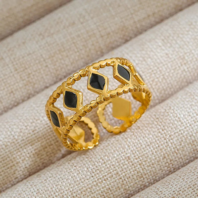 DELIA - ROCK OVERSIZED  304 STAINLESS STEEL GEM 18K GOLD PLATED INLAY OPEN RING GOLD PLATED - BLACK