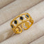 DELIA - ROCK OVERSIZED LEAVES EYE FLOWER 304 STAINLESS STEEL GEM 18K GOLD PLATED INLAY OPEN RING GOLD PLATED - BLACK