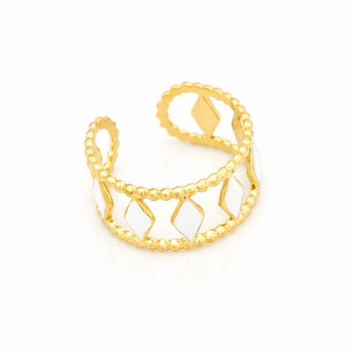 DELIA - STAINLESS STEEL 18K GOLD PLATED ETHNIC STYLE INLAY GEOMETRIC WHITE OPEN RING