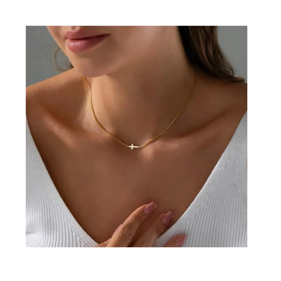 DELIA 304 STAINLESS STEEL ION PLATED 18K GOLD CROSS PENDANT NECKLACE